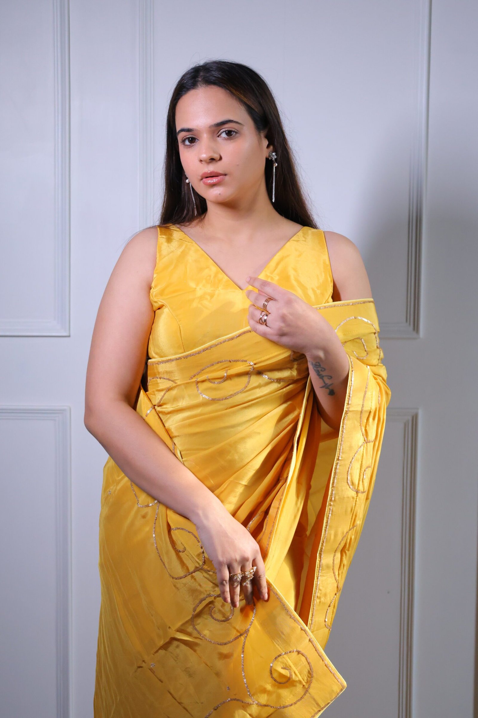 Yellow Silk Crepe Saree - Image 2