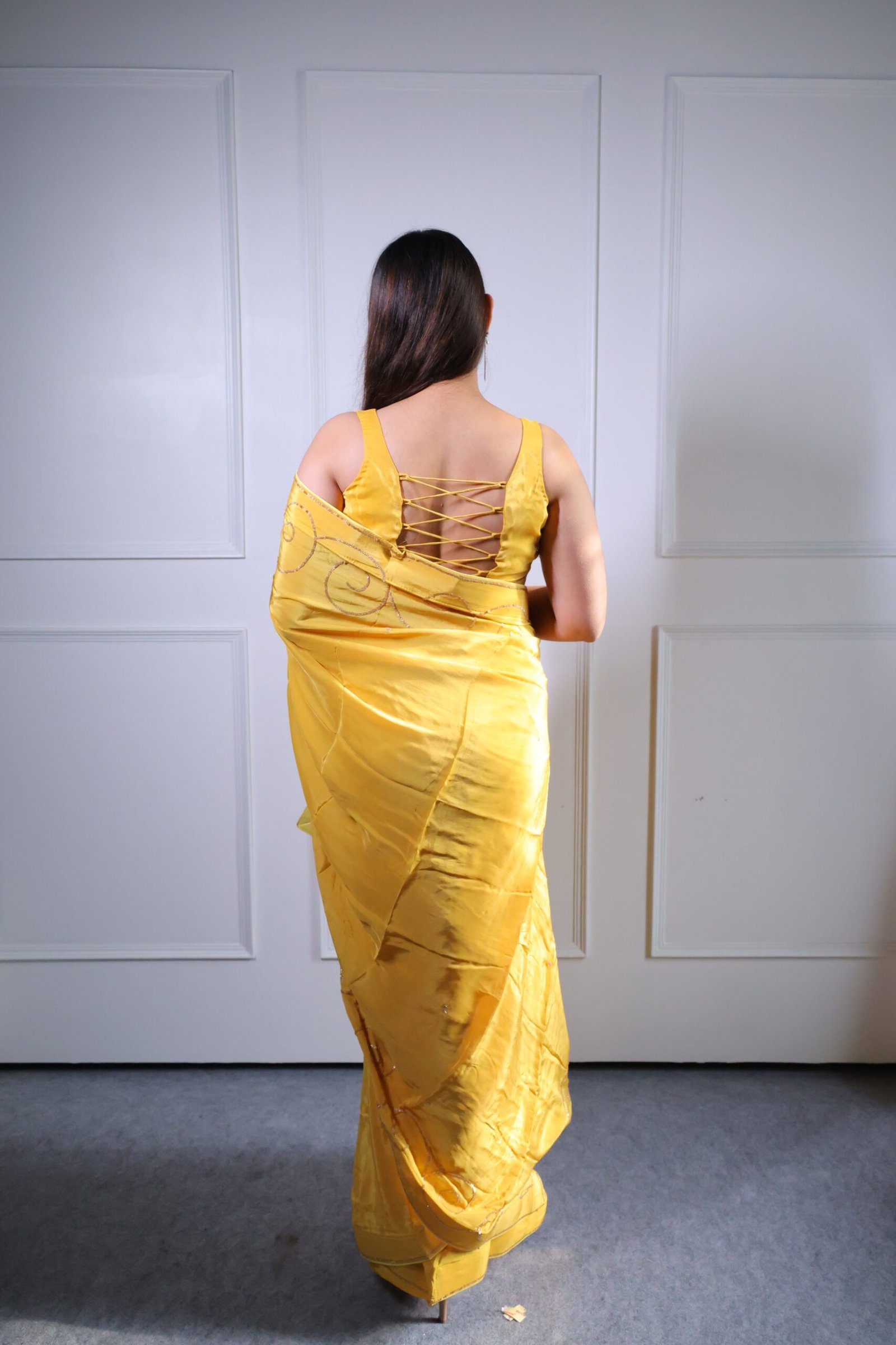 Yellow Silk Crepe Saree - Image 4