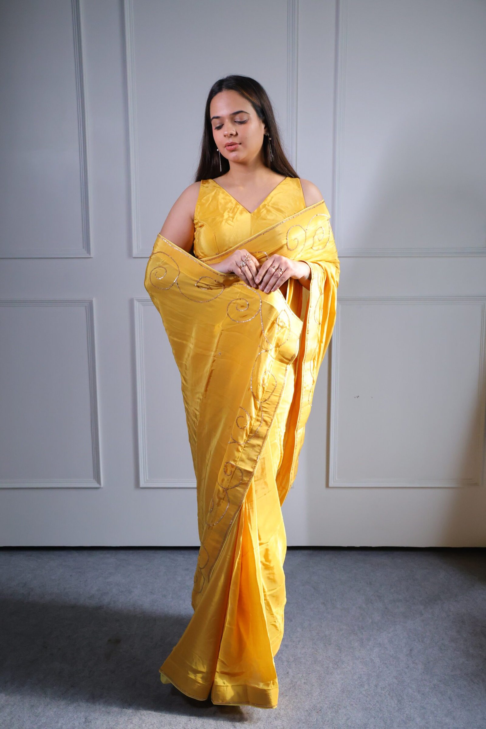 Yellow Silk Crepe Saree